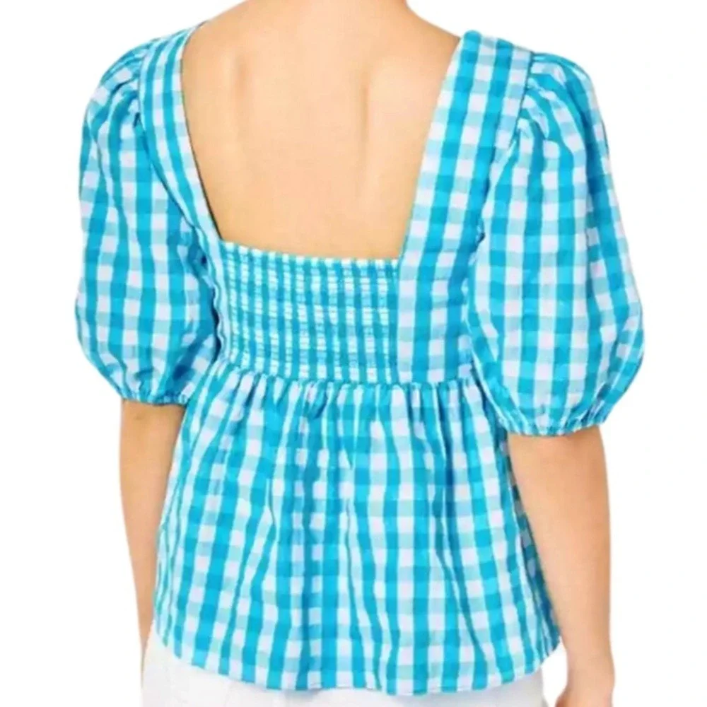 Lilly Pulitzer Blue White Gingham Check Puff Sleeve Tie Front Peplum Top Size 10